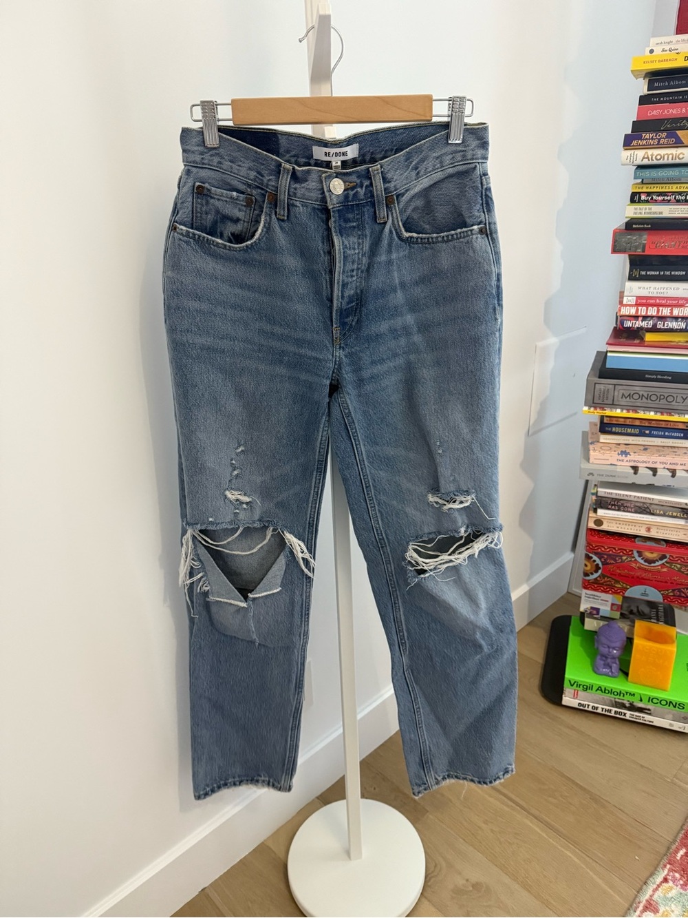 Re/Done Medium Blue Distressed Straight Jeans